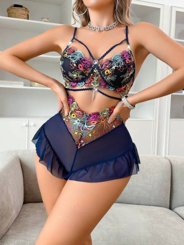 Elegant Colorful Embroidery Mesh Ruffle Lingerie Jumpsuit (4.90) - Image 7