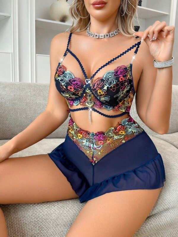 Elegant Colorful Embroidery Mesh Ruffle Lingerie Jumpsuit (4.90) - Image 6