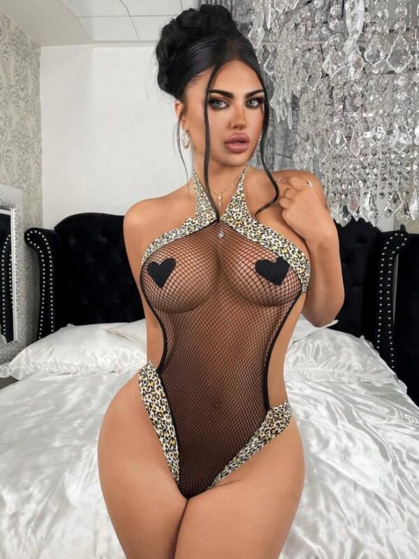 Sexy Halter Bodysuit Semi Fishnet Leopard Print Thong (4.72) - Image 7