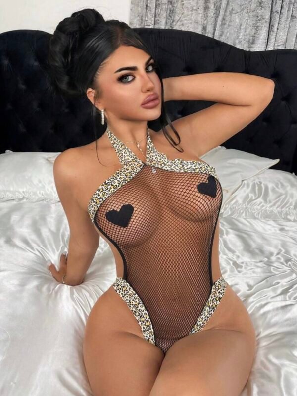 Sexy Halter Bodysuit Semi Fishnet Leopard Print Thong (4.72) - Image 8