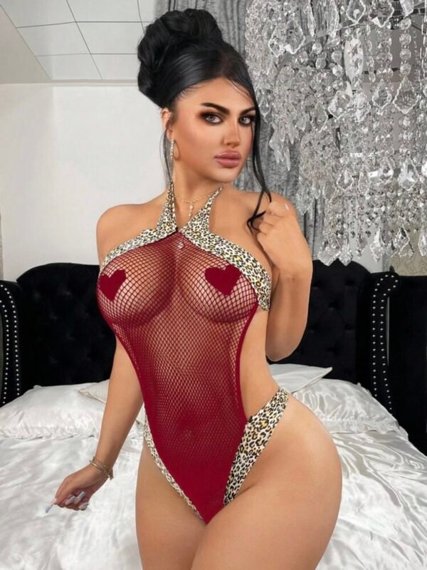 Sexy Halter Bodysuit Semi Fishnet Leopard Print Thong (4.72) - Image 2