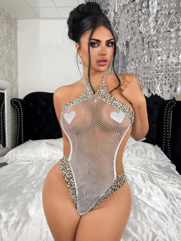 Sexy Halter Bodysuit Semi Fishnet Leopard Print Thong (4.72) - Image 9