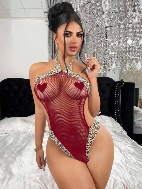 Sexy Halter Bodysuit Semi Fishnet Leopard Print Thong (4.72)