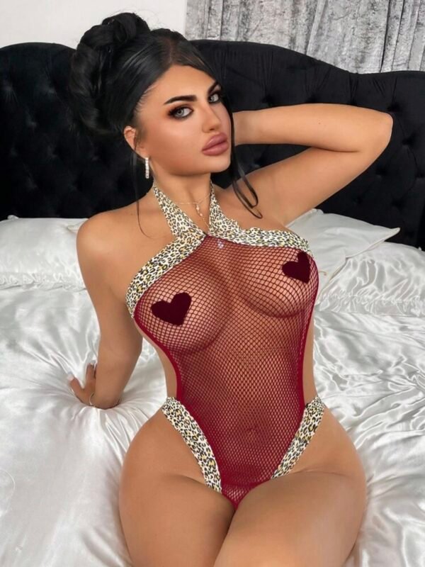 Sexy Halter Bodysuit Semi Fishnet Leopard Print Thong (4.72) - Image 5