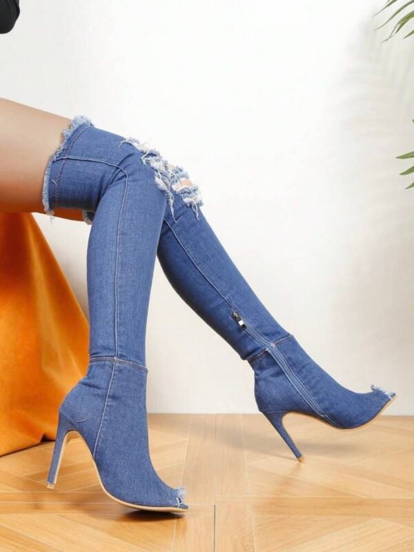 Peep Toe Denim Material Thigh High Stiletto Boots (4.94) - Image 3