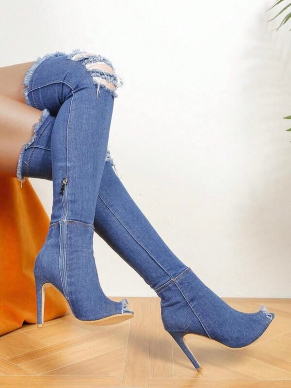 Peep Toe Denim Material Thigh High Stiletto Boots (4.94)