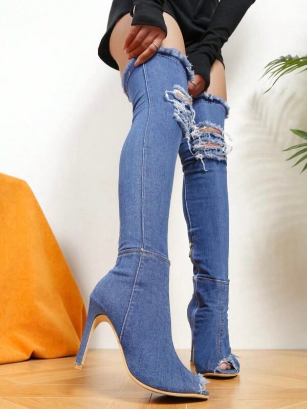 Peep Toe Denim Material Thigh High Stiletto Boots (4.94) - Image 4