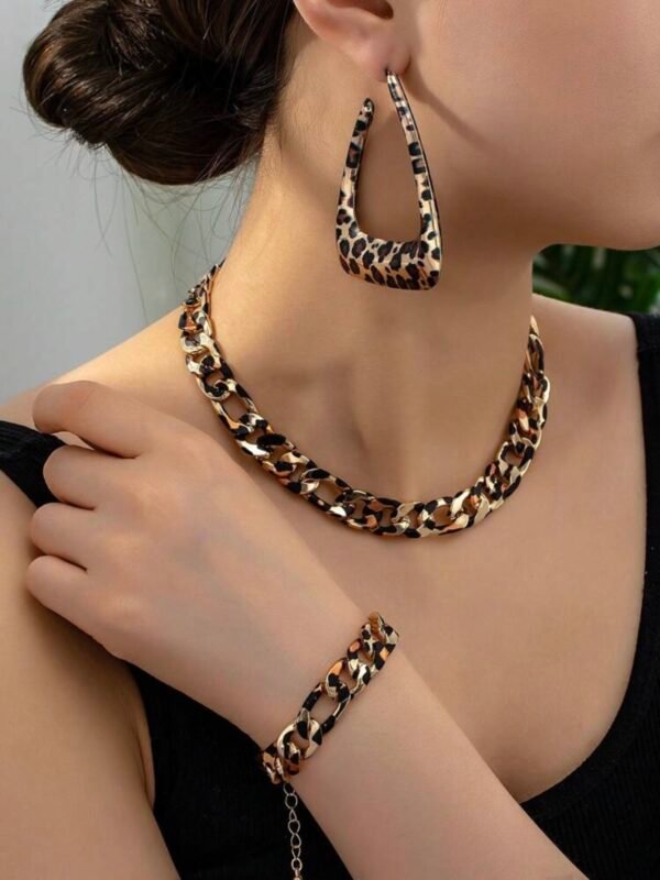 Leopard Print Necklace Earrings Bracelet Chain Set (4.89)