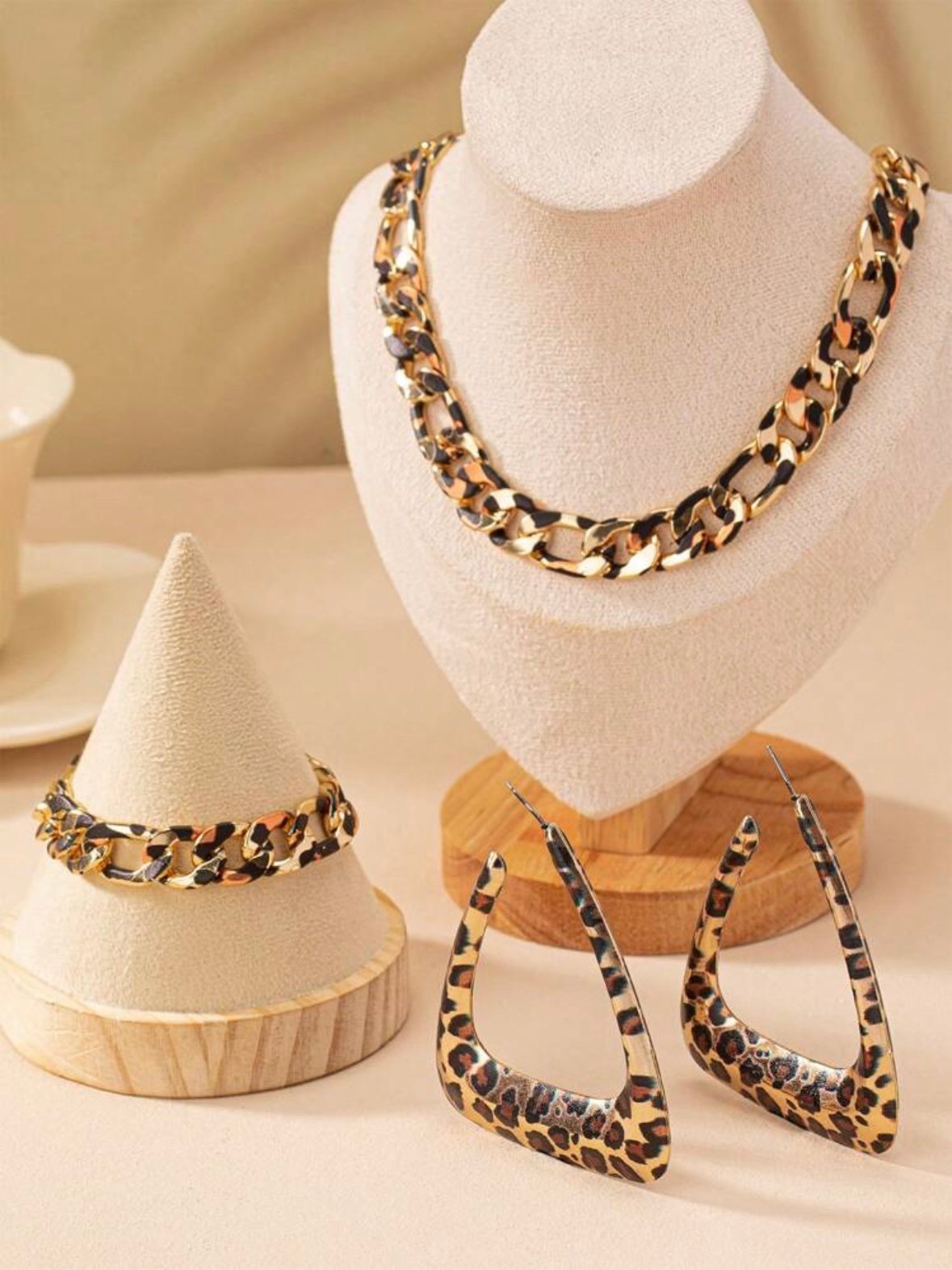 Leopard Print Necklace Earrings Bracelet Chain Set (4.89) - Image 3