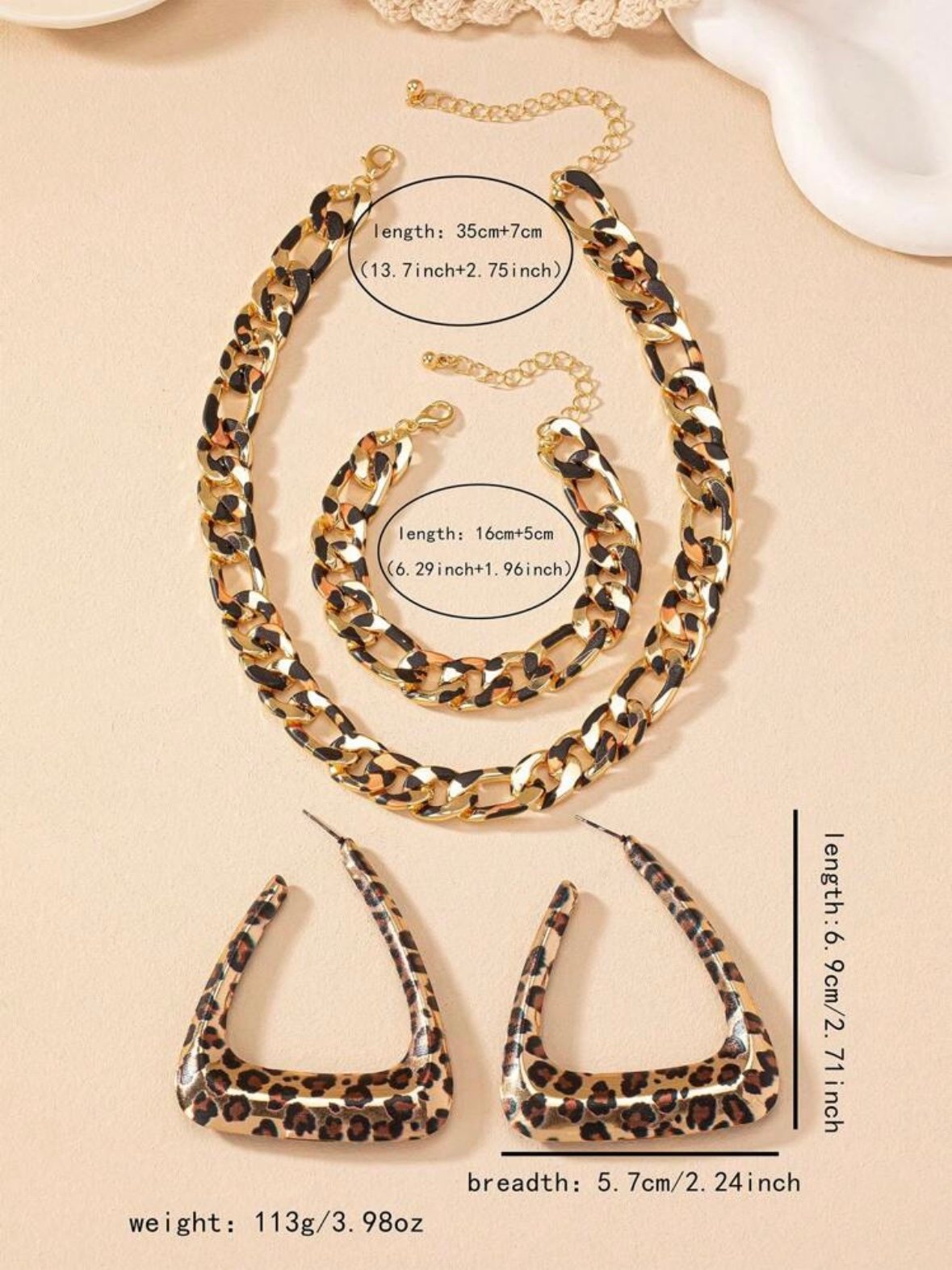 Leopard Print Necklace Earrings Bracelet Chain Set (4.89) - Image 5
