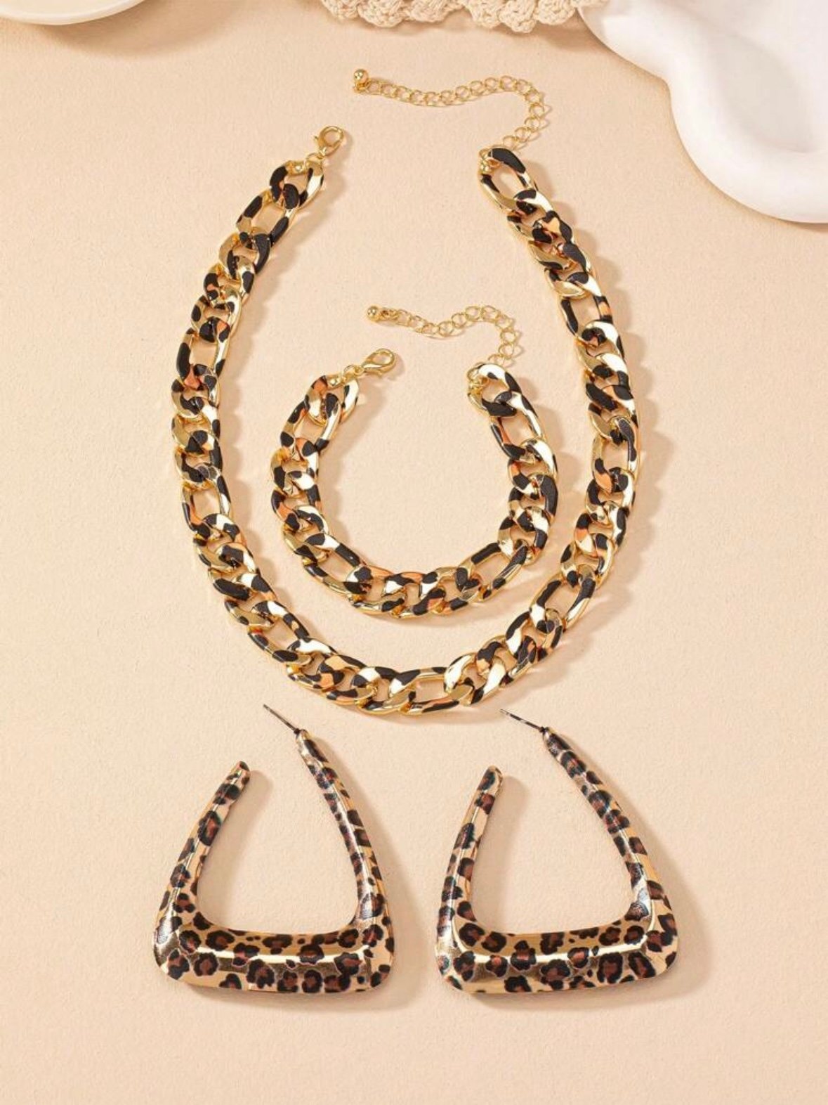 Leopard Print Necklace Earrings Bracelet Chain Set (4.89) - Image 4