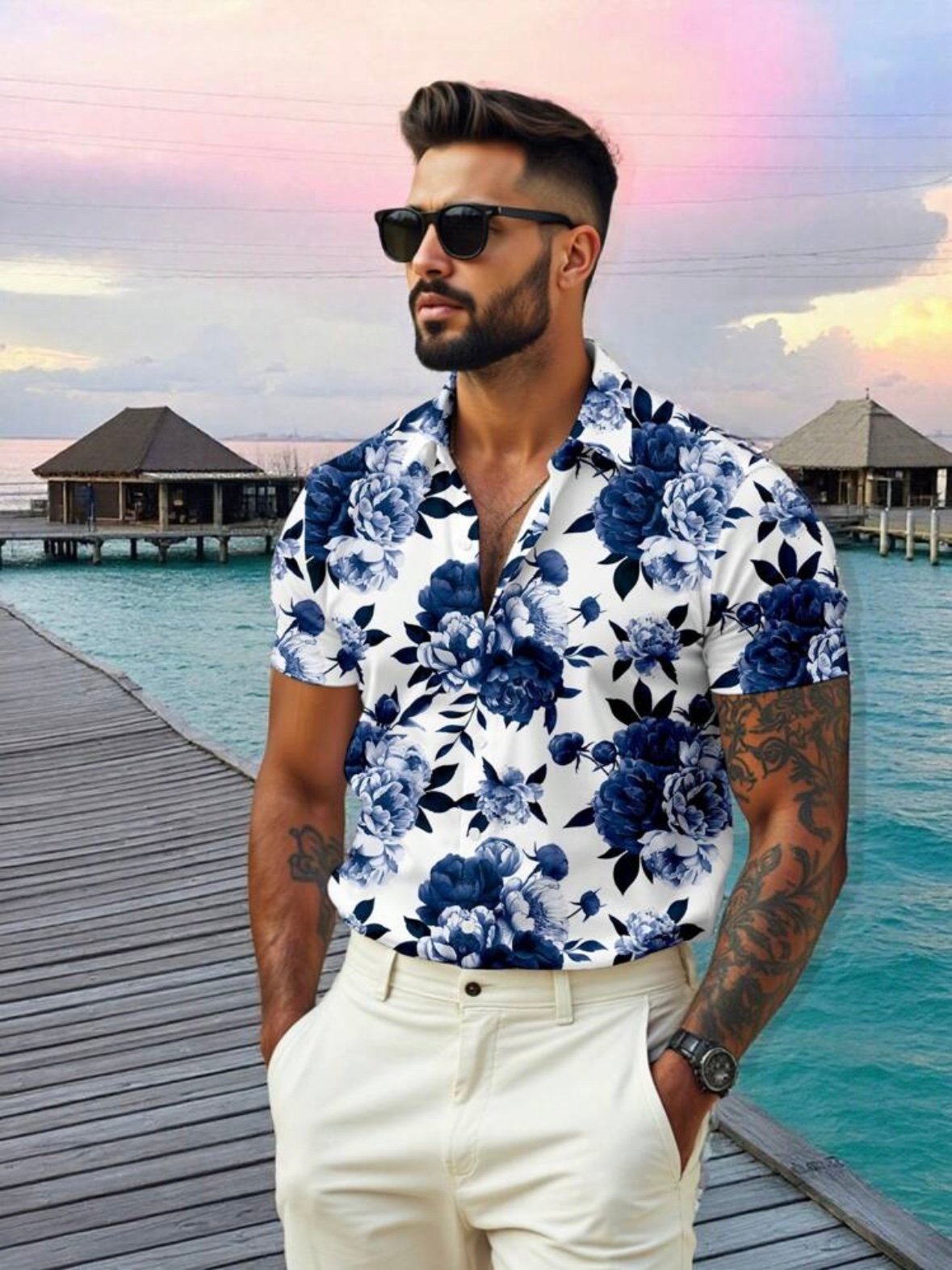 Floral Print Men's Front Button Up Short Sleeve Shirt (4.93) - Image 3
