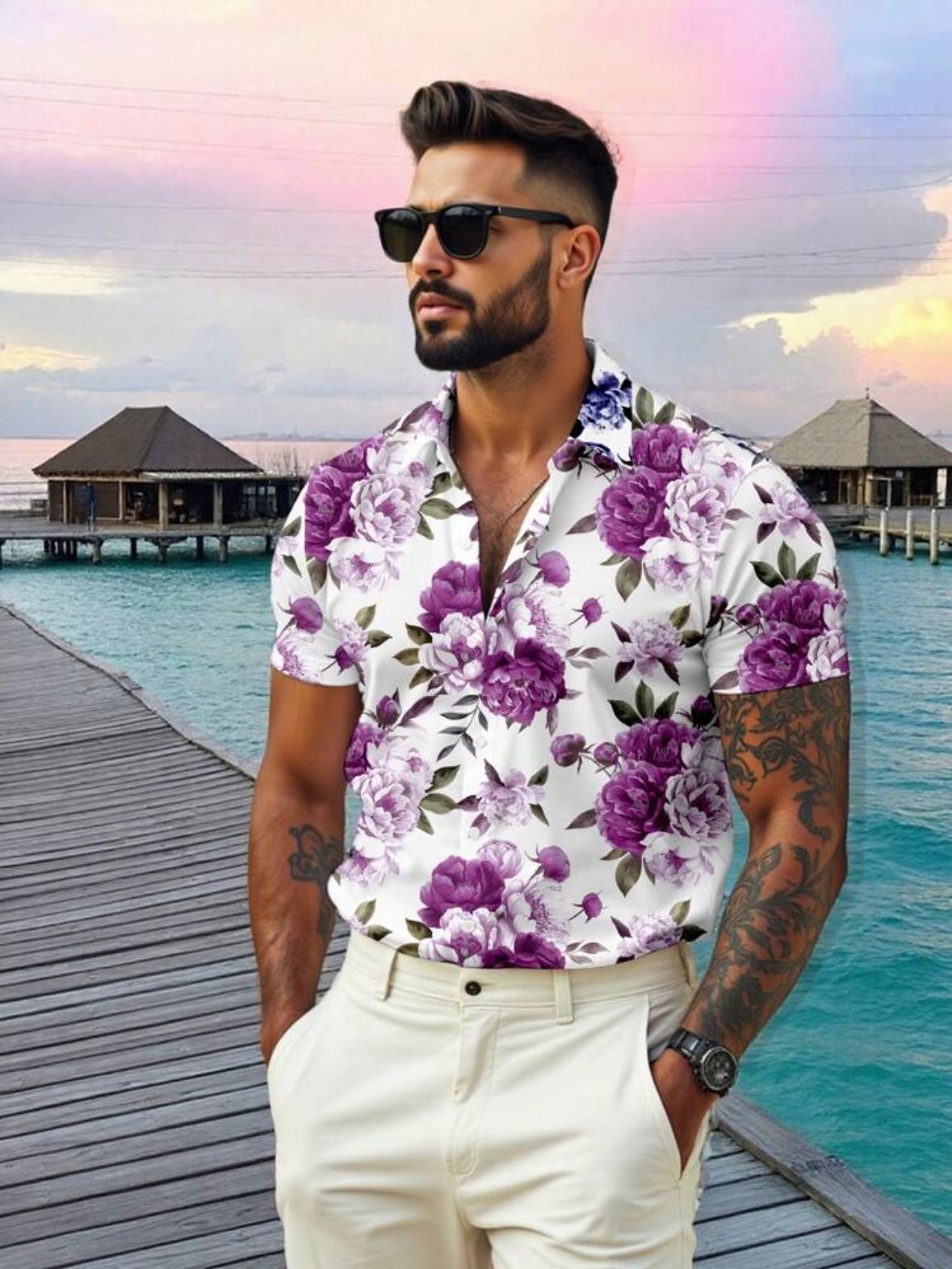 Floral Print Men's Front Button Up Short Sleeve Shirt (4.93)