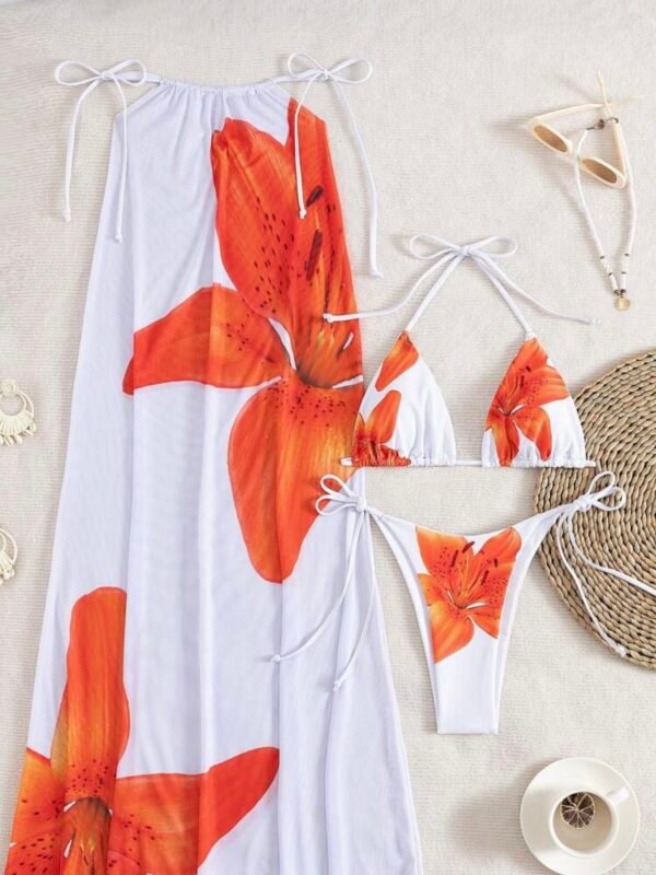 Tropical 3Pcs Set Women's Halter Tie Bikini With Mesh Skirt (4.92) - Image 4