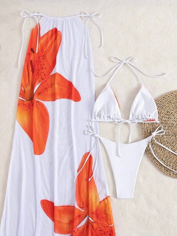 Tropical 3Pcs Set Women's Halter Tie Bikini With Mesh Skirt (4.92) - Image 5