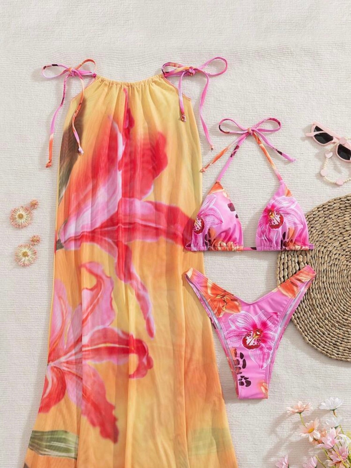 Tropical 3Pcs Set Women's Halter Tie Bikini With Mesh Skirt (4.92) - Image 7