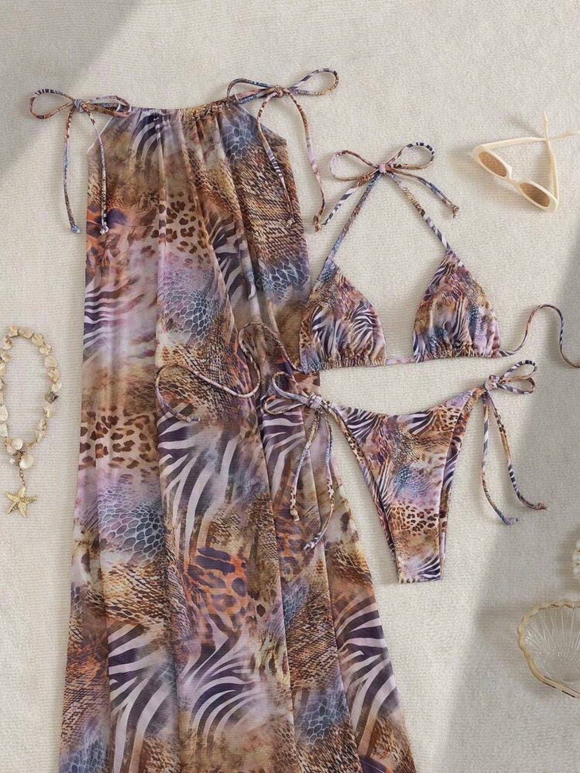 Tropical 3Pcs Set Women's Halter Tie Bikini With Mesh Skirt (4.92) - Image 11