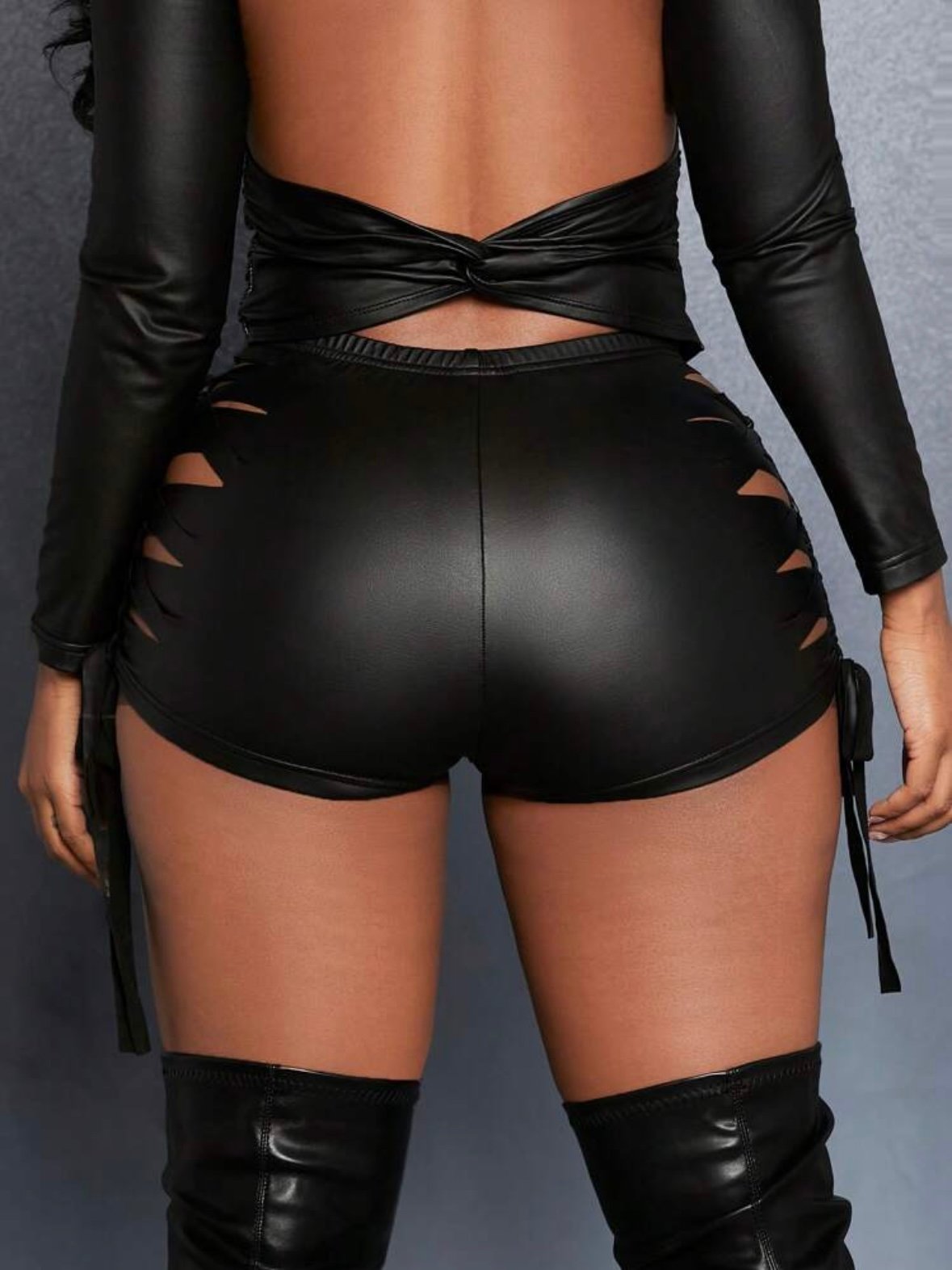 Hollow Twist PU Leather Strap High Waist Mini Shorts (4.88) - Image 5