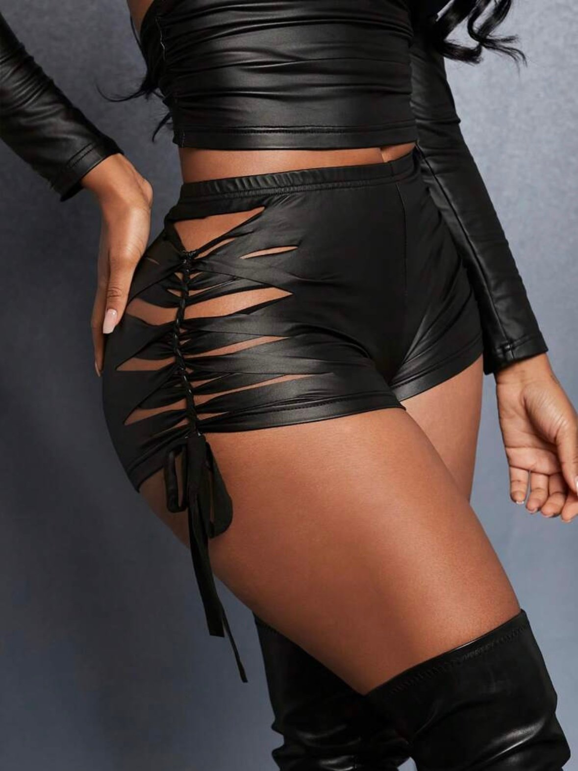 Hollow Twist PU Leather Strap High Waist Mini Shorts (4.88)