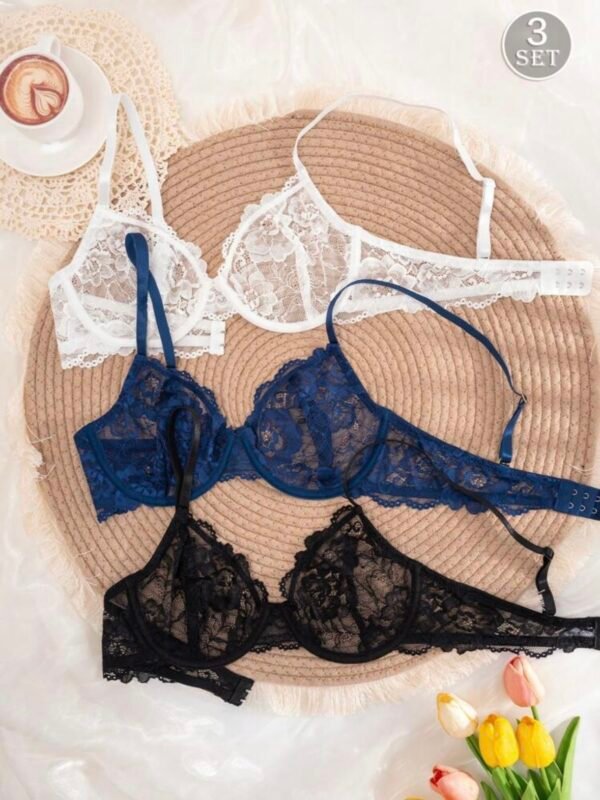 3pcs Women's Solid Color Lace Underwire See-Through Bras (4.91) - Image 4