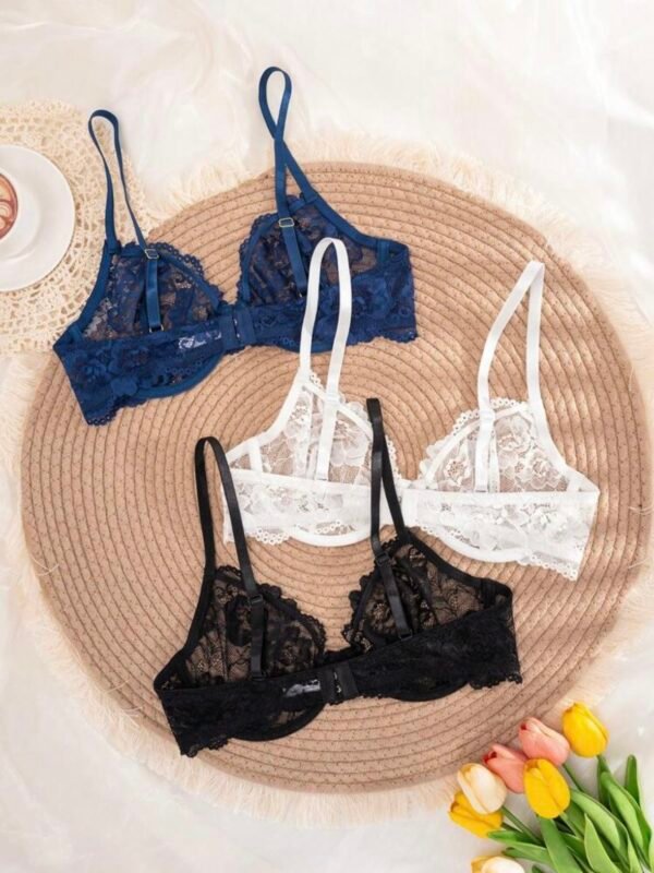 3pcs Women's Solid Color Lace Underwire See-Through Bras (4.91) - Image 3