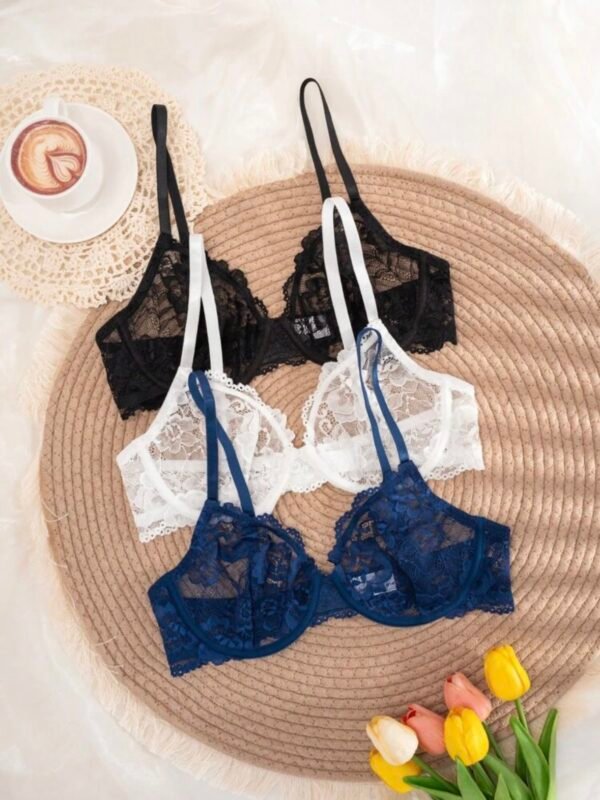 3pcs Women's Solid Color Lace Underwire See-Through Bras (4.91)