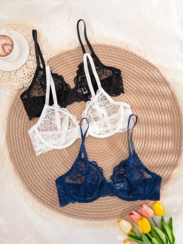 3pcs Women's Solid Color Lace Underwire See-Through Bras (4.91) - Image 5