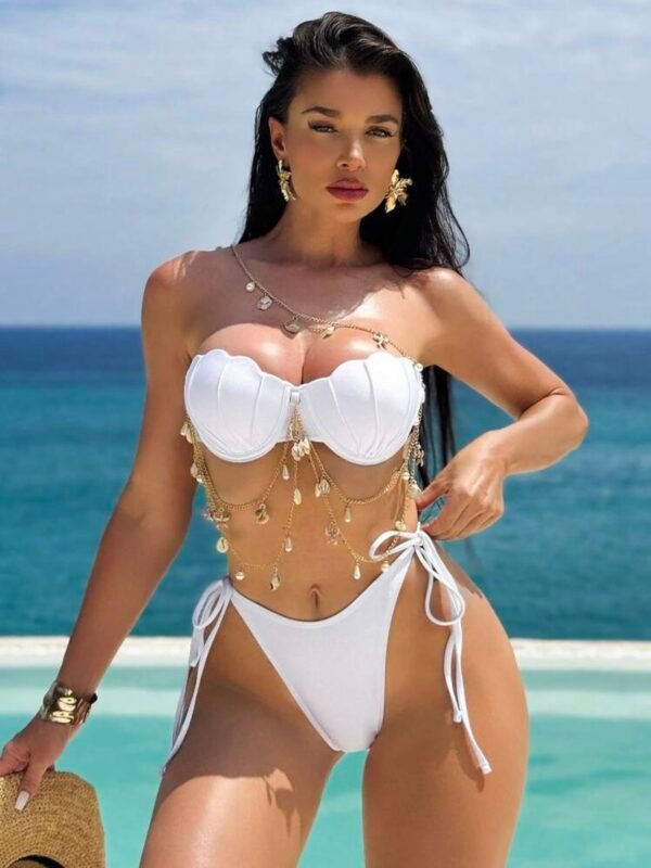 Mermaid Shell Bikini Set White With Gold Chain (5.0) - Image 2