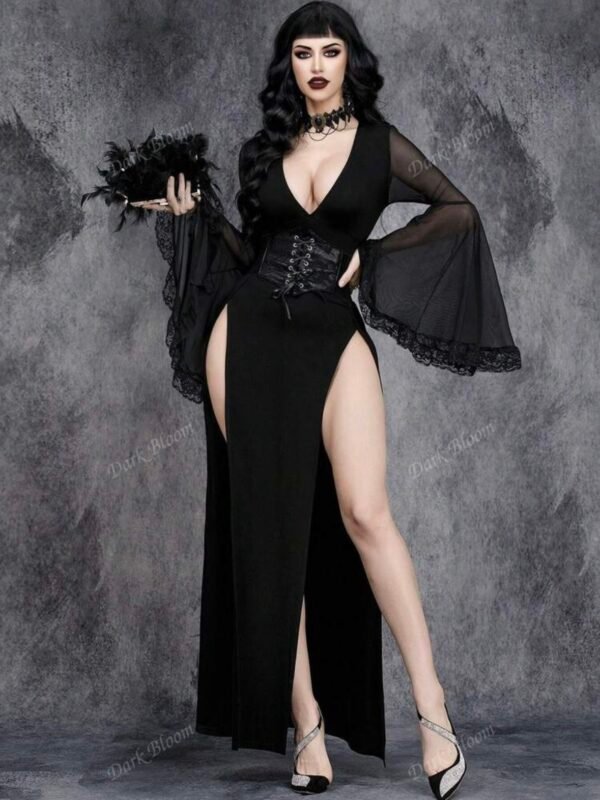 Gothic Sexy Deep V Neck High Slit Dress (4.91) - Image 2