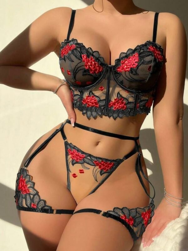 Flower Embroidery Hollow Out Sexy Lingerie Set (4.87) - Image 3