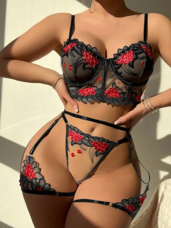 Flower Embroidery Hollow Out Sexy Lingerie Set (4.87)