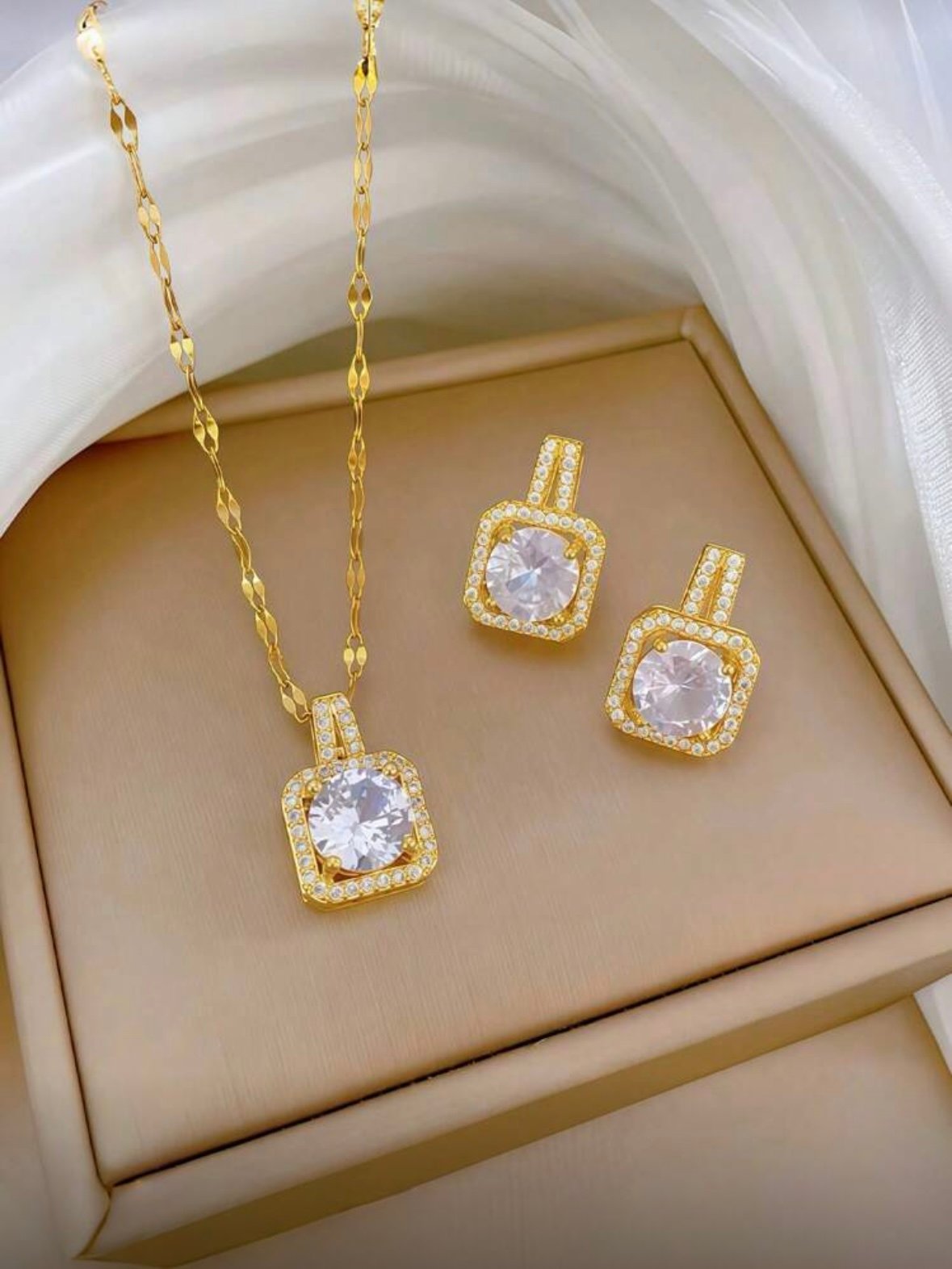 Square Rhinestone Jewelry Set Earrings Necklace & Ring (4.89)