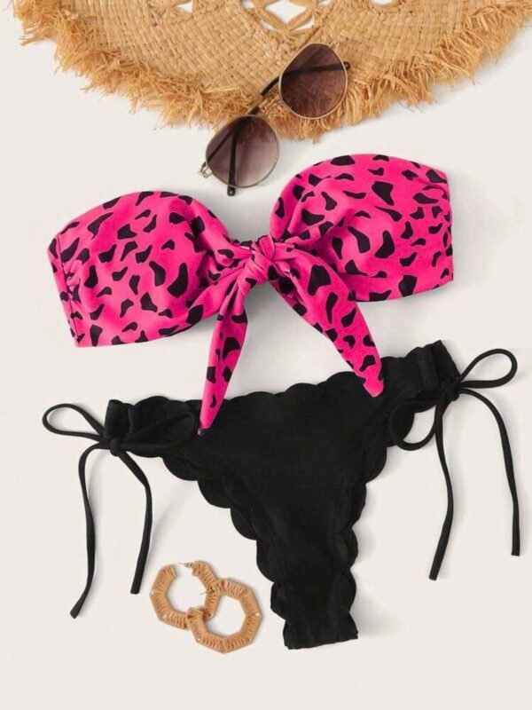 Strapless Scalloped Graphic Print Women's Bikini Set Knot Front (4.86)