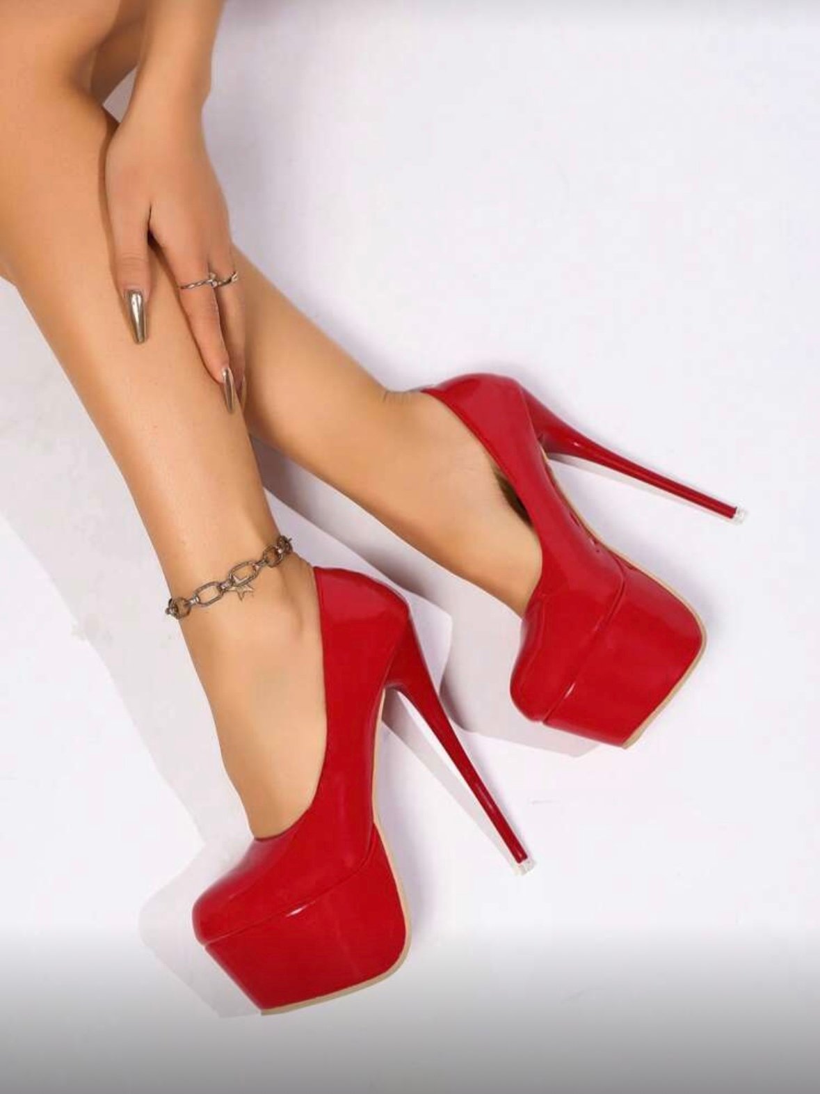 Red PU Leather High Heel Pumps Sexy Super High Platform Heels (5.0)