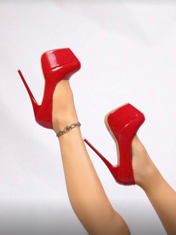 Red PU Leather High Heel Pumps Sexy Super High Platform Heels (5.0) - Image 5