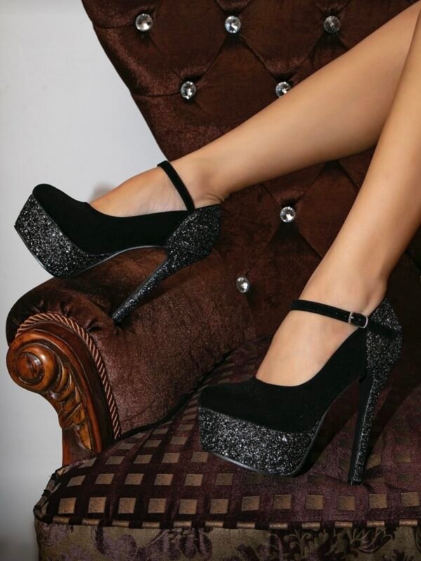 Glitter Platform Stiletto Heeled Ankle Strap Velvet Pumps (4.91) - Image 2