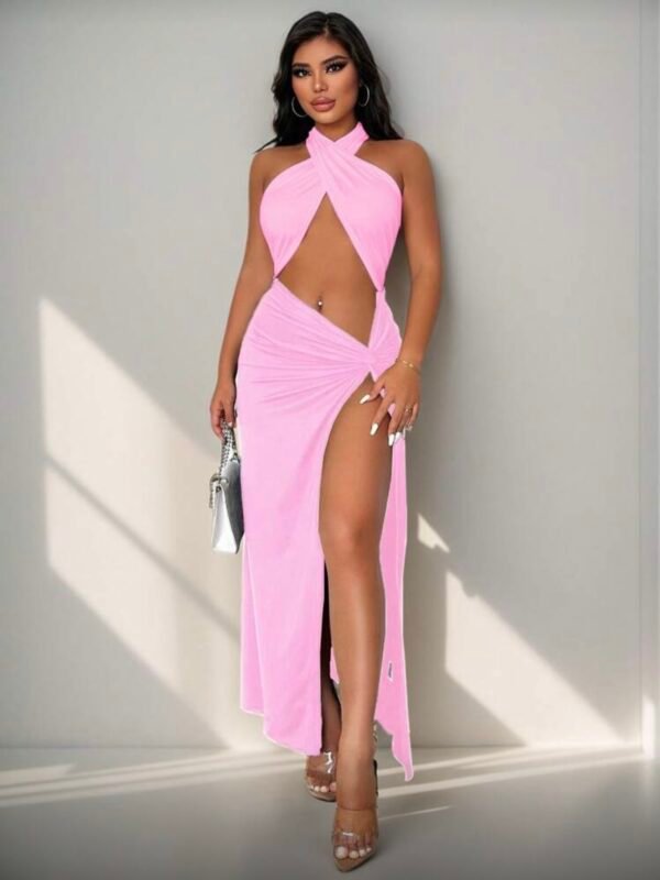 Criss Cross Hollow Out Halter Maxi High Slit Dress (4.92) - Image 6