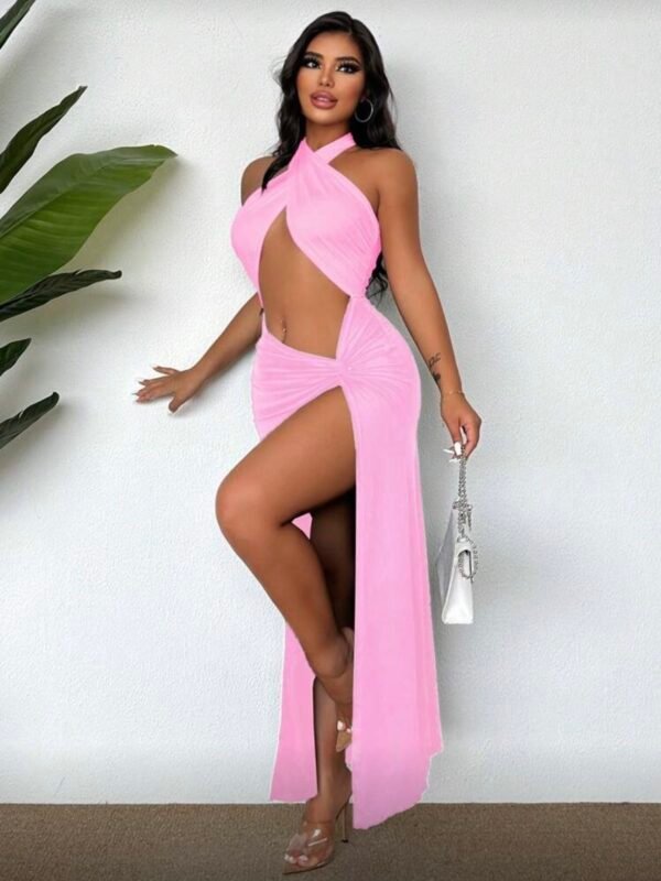 Criss Cross Hollow Out Halter Maxi High Slit Dress (4.92)
