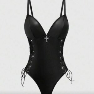 Screenshot Gothic PU Leather Bodysuit Lace Up Suit With Pendant (4.89)