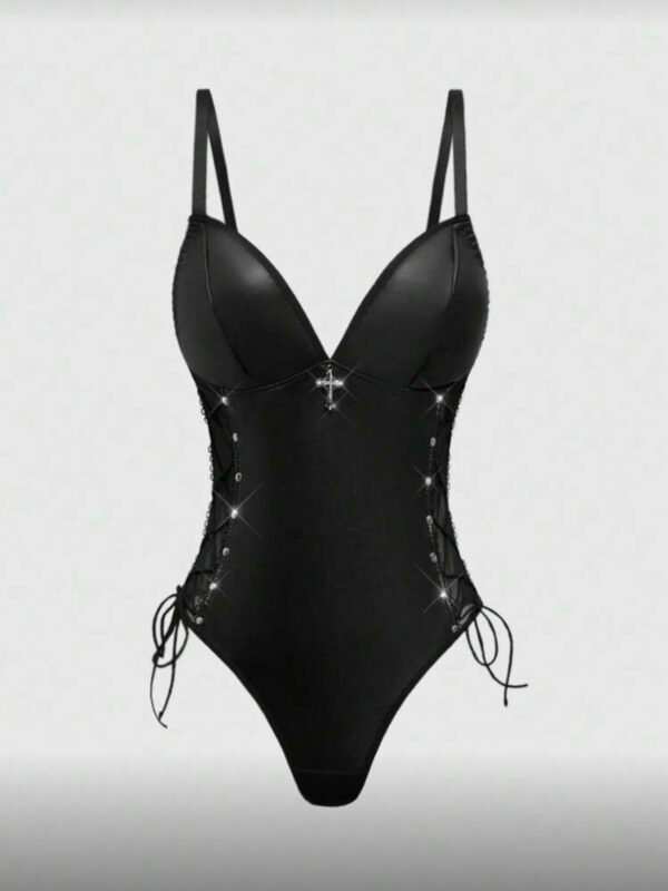 Gothic PU Leather Bodysuit Lace Up Suit With Pendant (4.89)