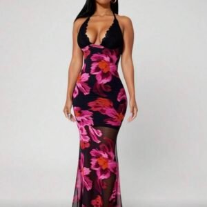 Screenshot Floral Print Lace Cup Flower Backless Halter Dress (4.88)