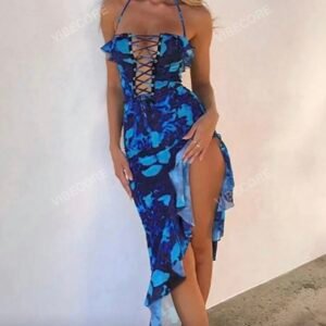 Women's Sexy Floral Printed Blue Lace Up Halter Dress With Ruffles (4.90)