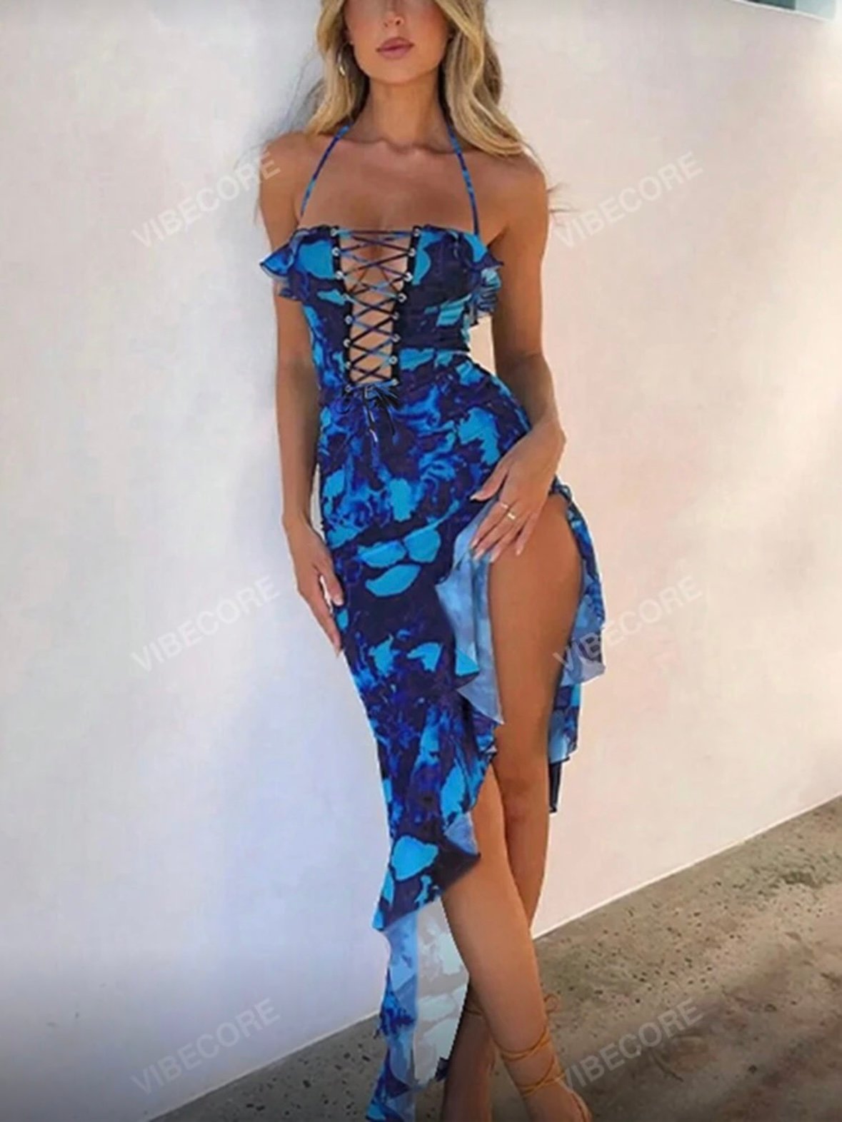 Women's Sexy Floral Printed Blue Lace Up Halter Dress With Ruffles (4.90)