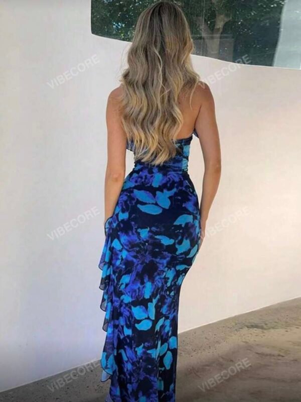 Women's Sexy Floral Printed Blue Lace Up Halter Dress With Ruffles (4.90) - Image 3