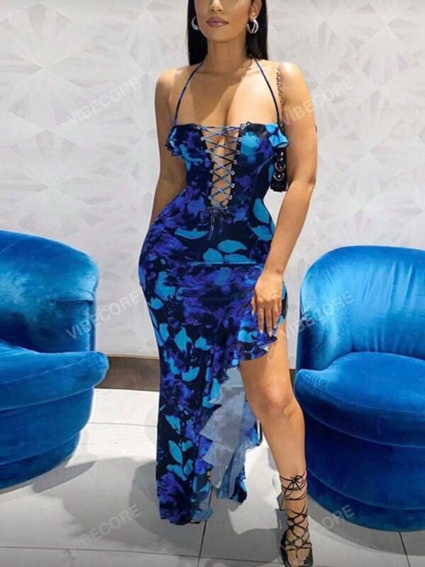 Women's Sexy Floral Printed Blue Lace Up Halter Dress With Ruffles (4.90) - Image 2