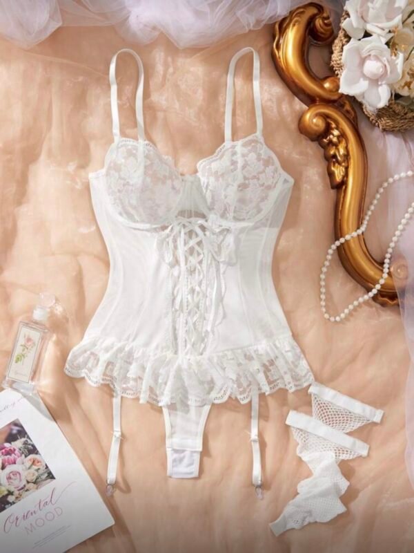 White 3 Piece Set Lace See-Through Lingerie With Ruffle & Garter Belt (4.96) - Image 6