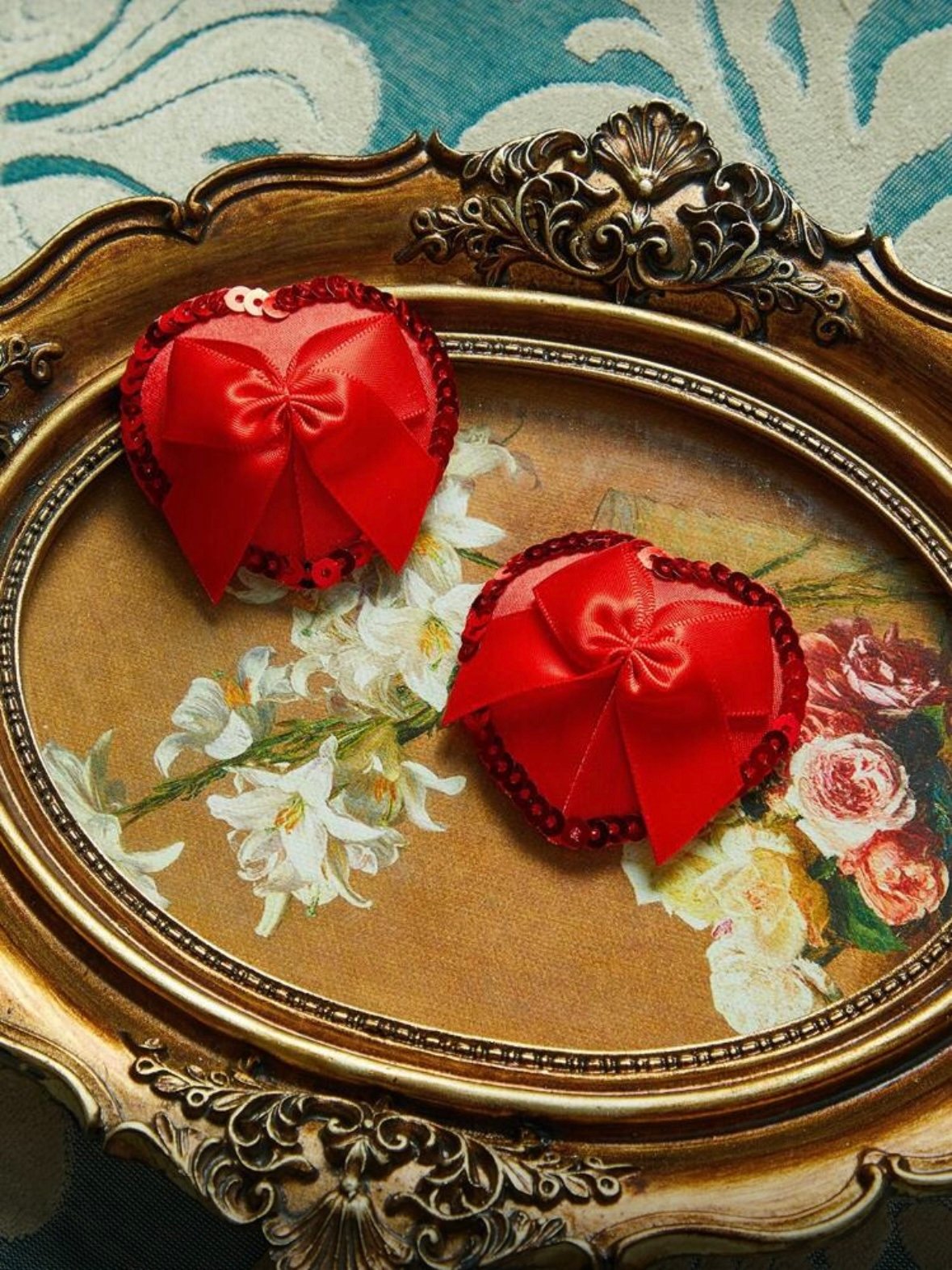 Red 2 Pcs Heart & Bow Heart Shaped Sequin Nipple Covers (5.0)