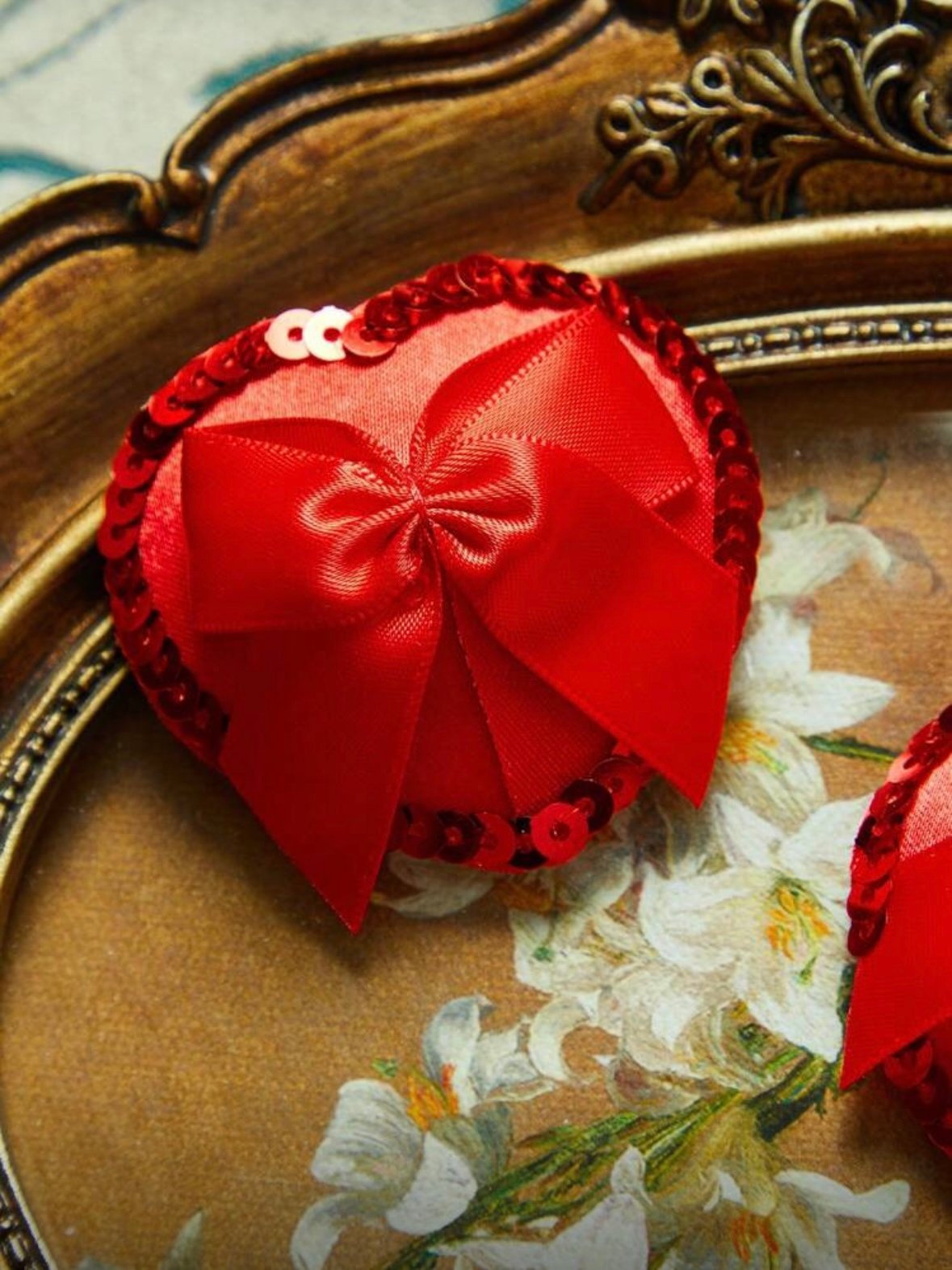 Red 2 Pcs Heart & Bow Heart Shaped Sequin Nipple Covers (5.0) - Image 3